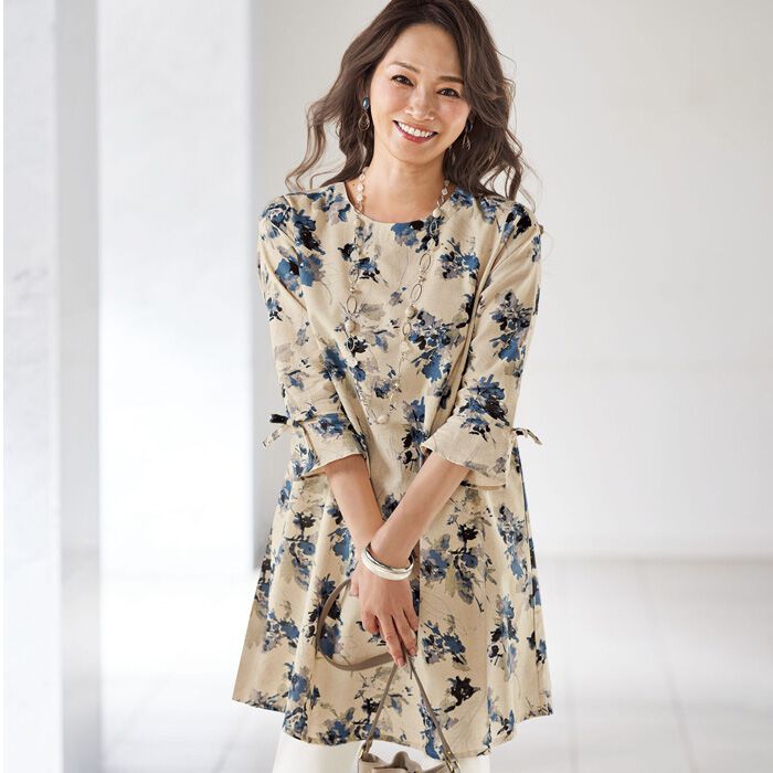 日本代购 24春夏女装 有大码 长衬衫 舒适棉麻混纹印花套头七分袖