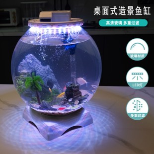 创意桌面式 造景圆形玻璃鱼缸客厅办公室免换水家用观赏小型金鱼缸