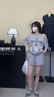 两件套 松紧腰短裤 学院风套装 EMMA韩版 女夏设计感露肩字母印花短袖