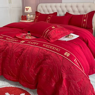 高档简约中式 结婚四件套红色床单被套全棉纯棉新婚庆床上用品婚房