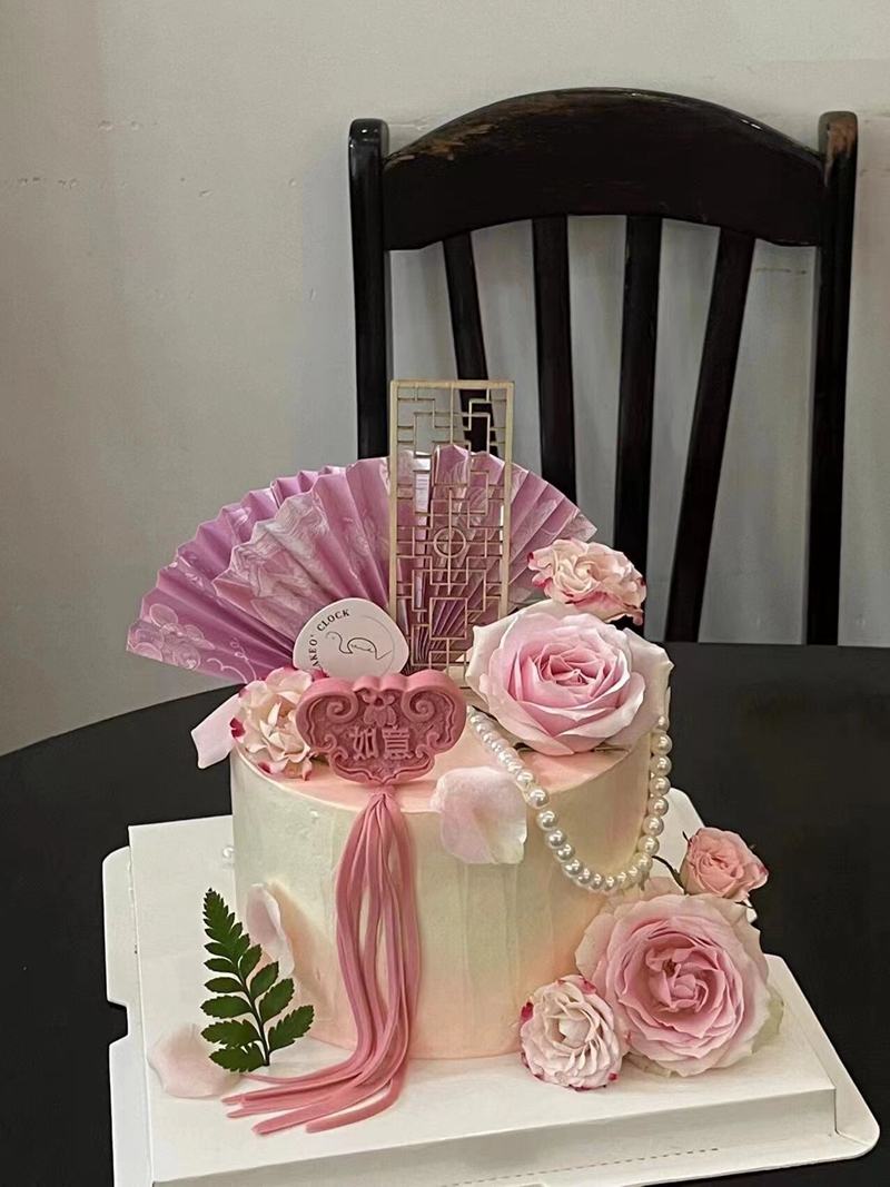 古典风粉紫色折扇子蛋糕装 饰插件吉祥如意木质屏风流苏插牌 新中式