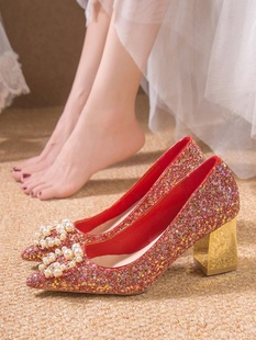 红色婚鞋 女粗跟新娘鞋 珍珠结婚不累脚中式 高跟鞋 新款 两穿2023秋季