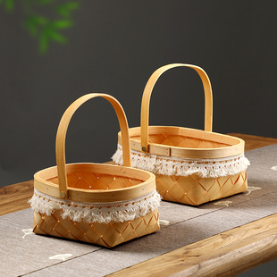 中式 木片手工编织篮子 面包水果野餐提篮 家用客厅零食杂物收纳筐
