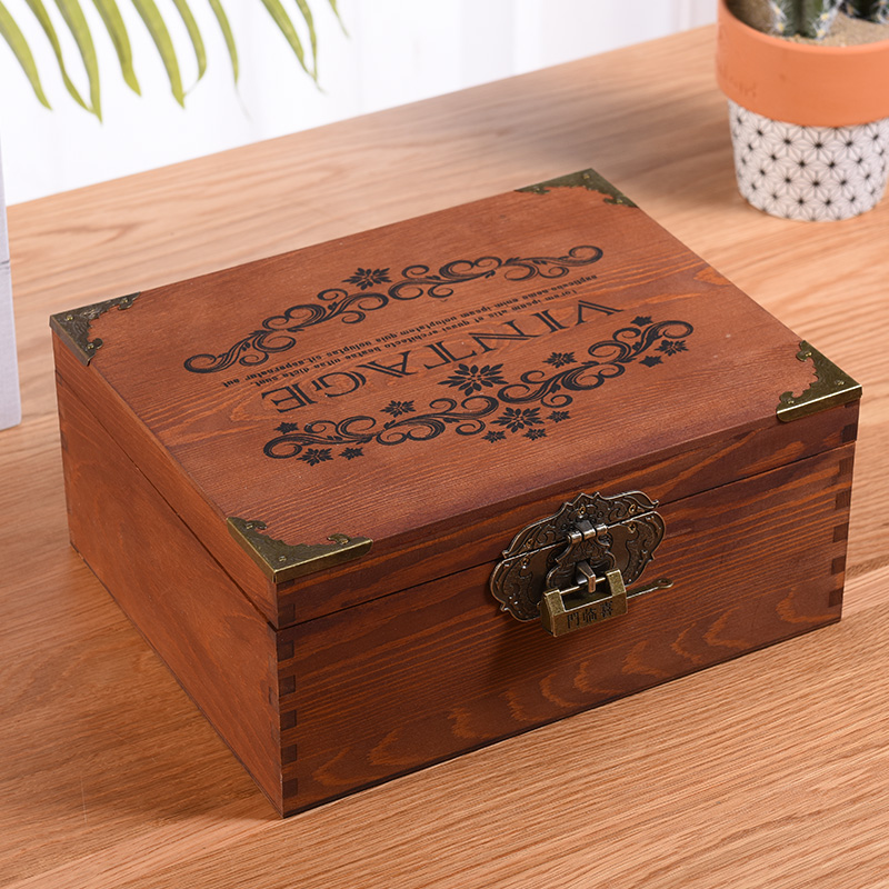 木盒子化妆品收纳盒带锁复古木盒子首饰盒大号储物密码 杂物小箱子