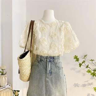 法式 气质圆领泡泡袖 设计感小众立体剪花蕾丝衫 上衣短袖 女夏季 衬衫