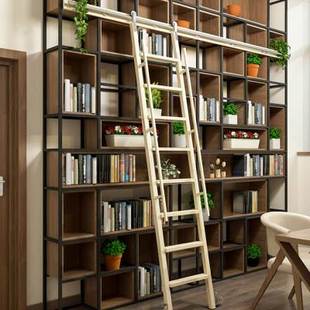 新款 直梯木梯书架梯子移动滑道直梯实木梯书柜梯滑轮木梯实木梯品