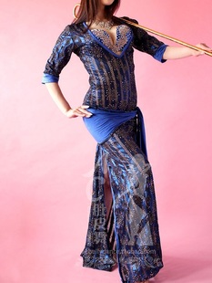 AC肚皮舞 专业进口 高级定做埃及Baladi Shaabi袍子三件套600蓝色