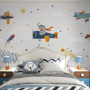 壁纸儿童房男孩卡通飞机墙纸卧室墙布壁画定制壁布背景墙墙面装 饰
