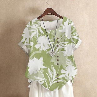女装 文艺复古港风夏季 大码 衬衫 上衣 圆领小鸟植物印花套头宽松短袖