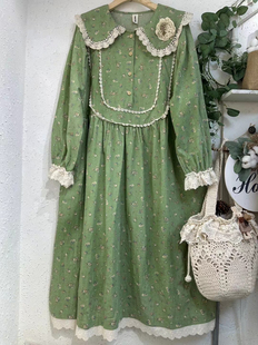 森女系甜美蕾丝娃娃领绿色碎花连衣裙复古田园风棉麻裙子日系长裙