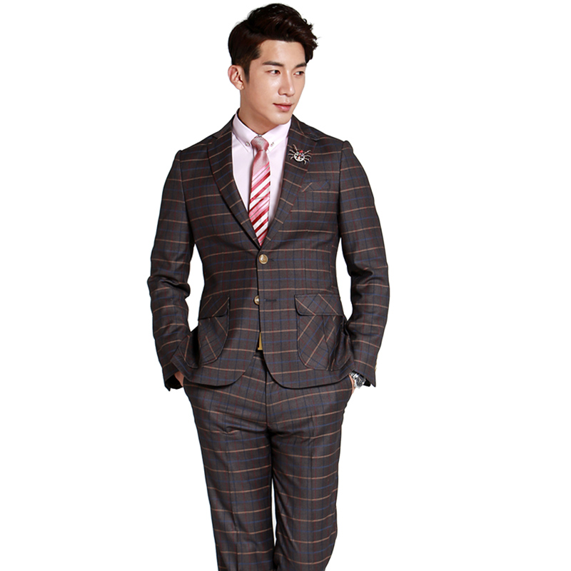 商务单排扣西装 格子男士 韩版 修身 主持人明星款 礼服西服绅士套装