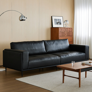 轻奢黑色真皮沙发客厅北欧意式 极简表情头层牛皮直排双人沙发 美式