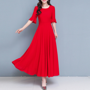 雪纺红色连衣裙女夏季 2023年新款 大码 收腰显瘦沙滩度假大摆长裙子