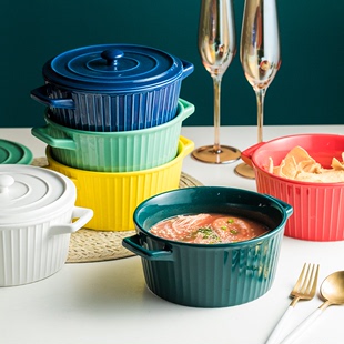 北欧陶瓷大号汤碗家用双耳碗日式 泡面碗纯色创意餐具带盖陶瓷大碗