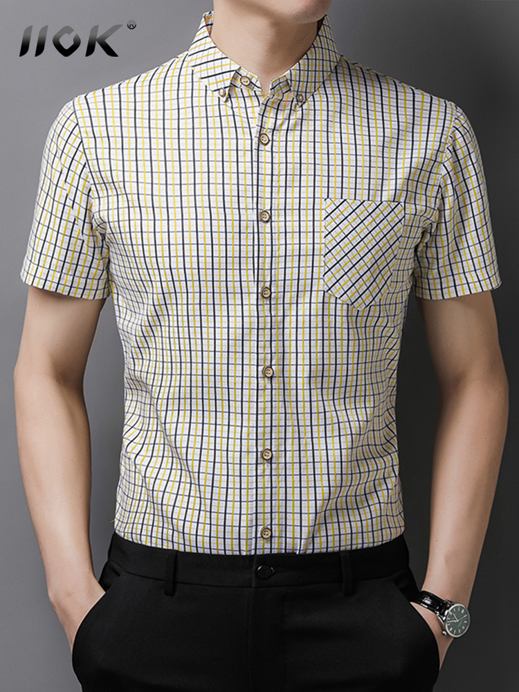 IIOK夏季 格子衬衫 男士 中年商务休闲薄款 打底修身 免烫条纹上衣 短袖