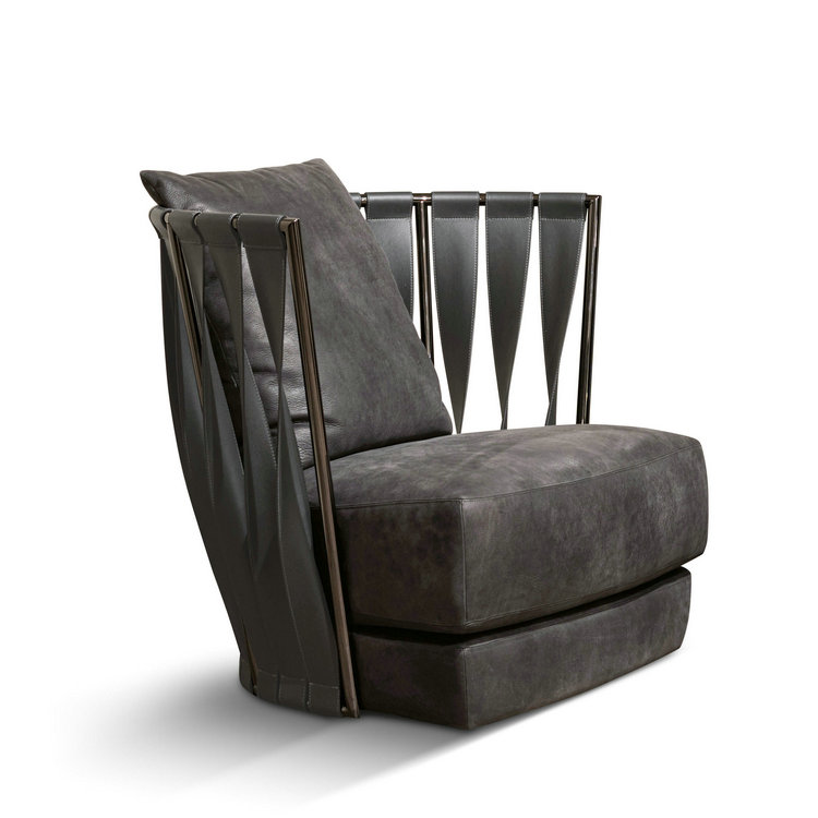 大师设计简约现代金属休闲椅马鞍皮艺术沙发椅样板间别墅会所椅子