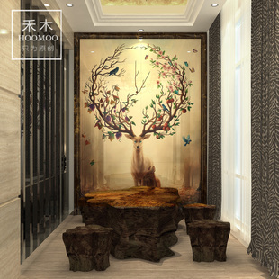 玄关瓷砖背景墙现代简约装 饰壁画卫生间瓷砖画过道走廊3d梦幻鹿