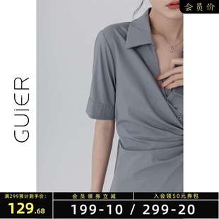 「GUIER」绑带收腰衬衫 连衣裙2022年新款 夏季 复古港味高级感裙子
