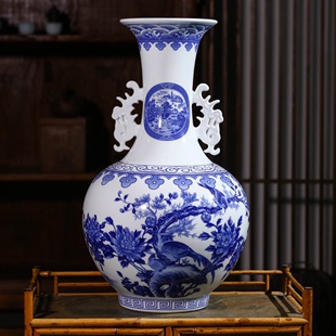 吾物茶事景德镇陶瓷器装 饰陶瓷花瓶摆件青花瓷双耳锦鸡赏瓶客厅