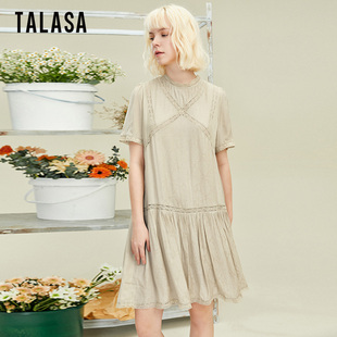 连衣裙2024春夏新款 设计蕾丝拼接优雅气质中长裙 TALASA铜氨丝短袖