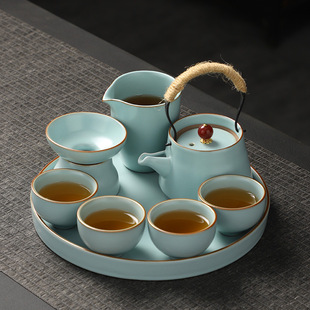汝窑功夫茶具套装 复古风家商用客厅简约开片可养陶瓷整套茶壶茶杯