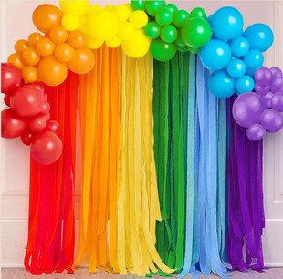 高档儿童宝宝生日派对背景墙装 饰布置彩带流苏纸条气球组合七彩拉