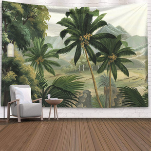 超大墙壁装 饰挂毯热带雨林椰树直播背景布床头卧室客厅壁毯挂布帘