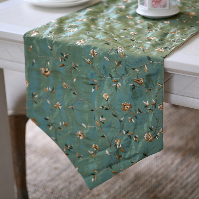 绿色 美式 绣花 新中式 桌旗 餐桌布中式 中式 桌布 禅意 玫瑰园