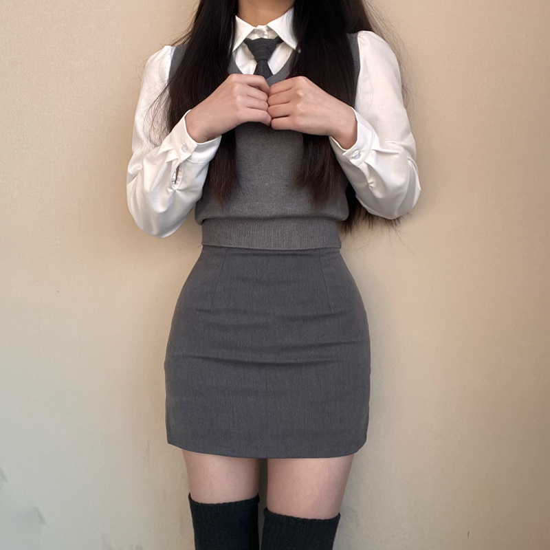 新款 纯色半身裙韩版 款 包臀裙套装 三件套四季 女 学院风马甲背心衬衫
