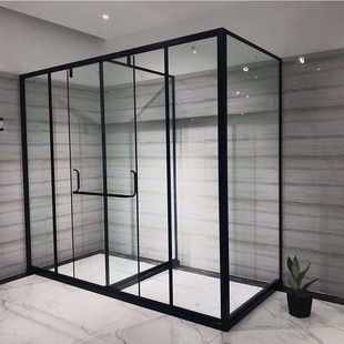 淋浴房T字形不锈钢黑色卫生间隔断玻璃门移门式 钢化浴屏整体定制