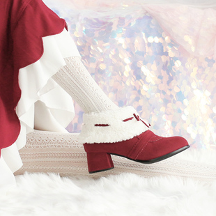 春日洛丽塔红色靴子Lolita鞋 冬高跟显瘦百搭可爱马丁靴粗跟短靴女