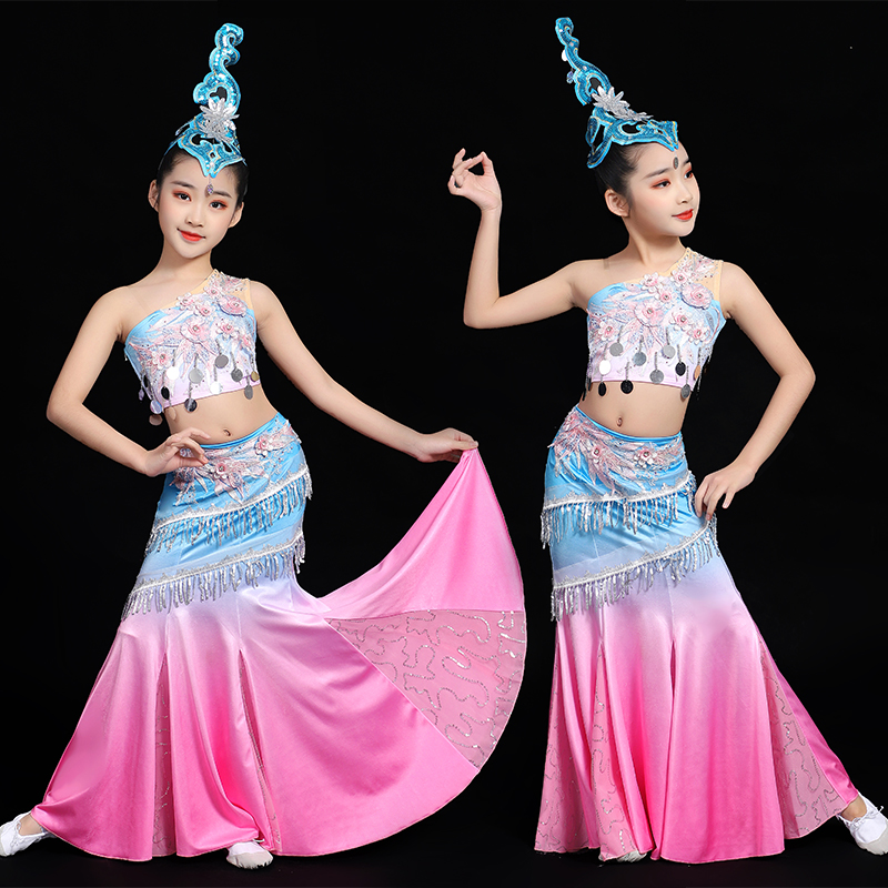 少儿艺考孔雀舞鱼尾裙套装 儿童傣族舞蹈服装 新款 古典舞民族舞修身