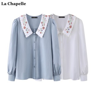 Chapelle春季 拉夏贝尔 撞色刺绣娃娃领衬衫 女气质宽松上衣 法式