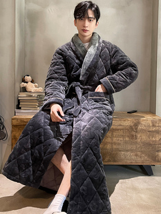 冬季 三层加厚加绒长款 睡袍男士 睡衣超厚浴袍加大码 珊瑚绒夹棉男款