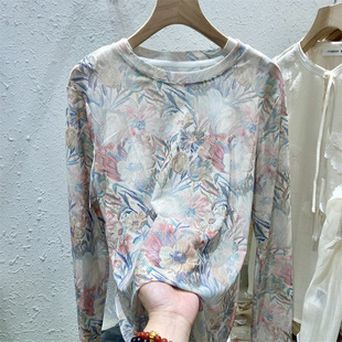 宽松上衣 圆领设计感韩版 长袖 粉蓝色水墨画印花网纱薄款 t恤打底衫