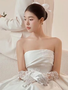 白色新娘婚纱手套结婚礼服气质缎面蕾丝长款 优雅韩版 全指春秋冬季