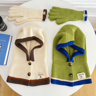 三色巴拉克拉法帽两件套韩国洋气冬季 百搭纽扣手套围脖针织帽子女