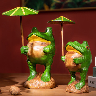 东南亚风全实木青蛙打伞桌面摆件玄关电视柜办公室装 饰品客厅创意