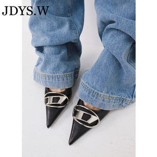单鞋 JDYS.W欧美ins小众设计简约纯色金属银色尖头字母中跟高跟鞋