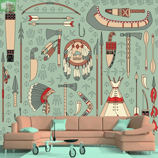 饰图案墙纸舞蹈室沙发背景个性 壁画 印弟安人文化壁纸美洲土著装