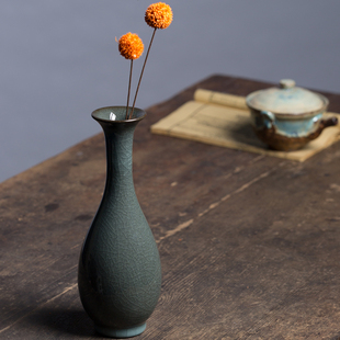 饰创意简约中式 台面仿古花插 铁胎青瓷花瓶干花客厅陶瓷花器摆件装