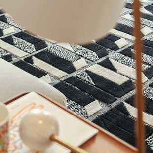 青木铺子现代简约进口轻奢黑白立体几何方块羊毛编织地毯客厅家用