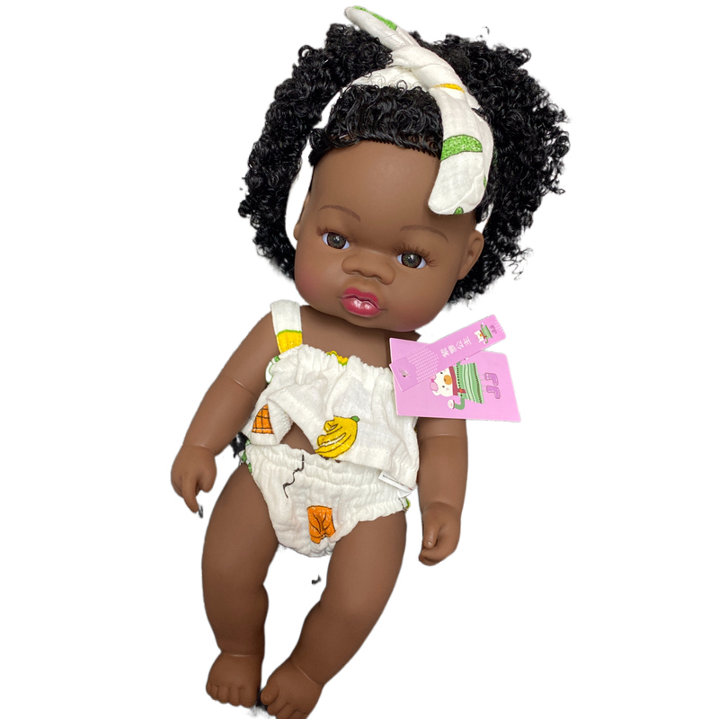 非洲黑人洋娃娃宝宝洗澡玩偶睡觉安抚粉色背心公主玩具搪胶35厘米