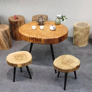 现代简约香樟木凳子樟木圆片铁艺木凳换鞋 凳喝茶凳子原木实木座椅