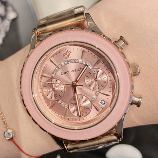 新款 时尚 女士钢带手表镜面六针个性 潮流日历圆形石英普通国产腕表