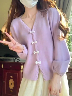 毛衣外套软糯温柔蝴蝶结上衣 外搭薄款 紫色v领针织开衫 春季 女秋季