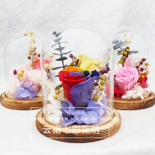 进口永生花玻璃罩礼盒装 饰情人节表白生日祝福结婚礼物玫瑰保鲜花