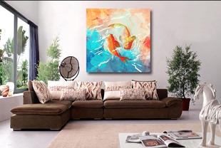 简约抽象发财鱼山水风景画油画布打印喷绘无框画装 饰挂画604