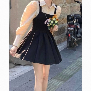 秋季 新款 韩版 收腰气质显瘦长袖 连衣裙女装 百褶裙裙子 假两件泡泡袖