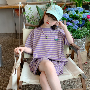套装 2024新款 女童夏装 洋气儿童夏季 小女孩网红时髦条纹两件套 韩版